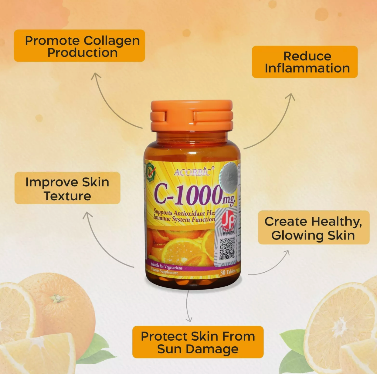 Acorbic C-1000 Vitamin C Tablets For Skin Brightening Natural Supplement 30tabs