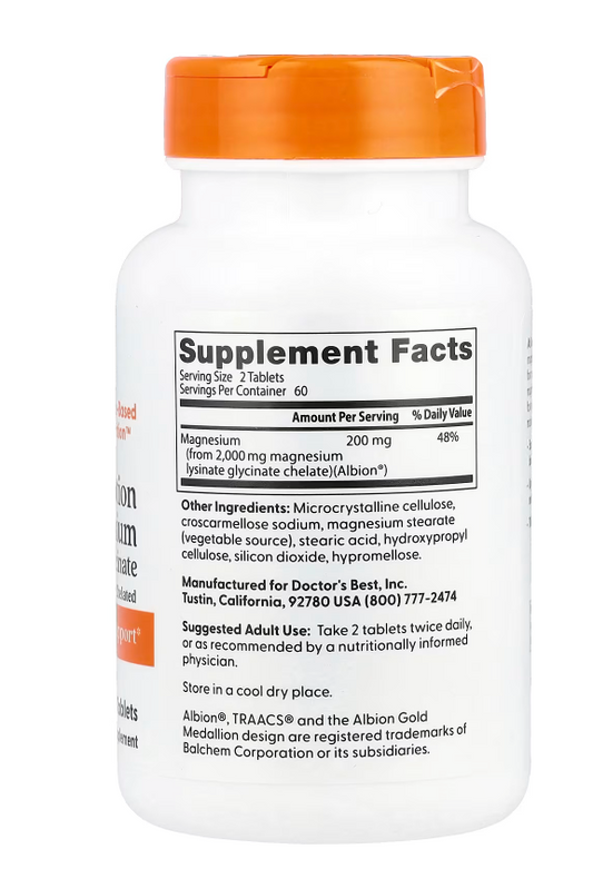 Doctor's Best, High Absorption Magnesium Lysinate Glycinate, Chelated, Albion® TRAACS®, 120 Tablets, (100 mg Per tablet)