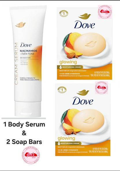Dove Body Cream Serum 237ml + 2 Mango & Almond Soap Bars | Rare USA Import