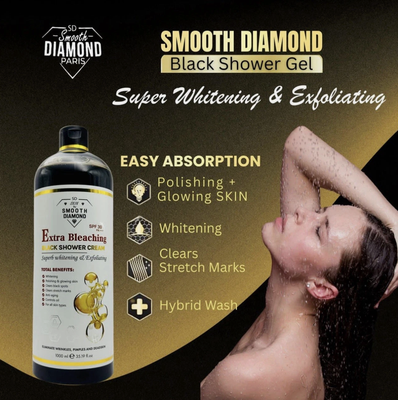 Smooth diamond Extra Bleaching Black Shower Cream 1000ml ( 7days Fast Whitening)