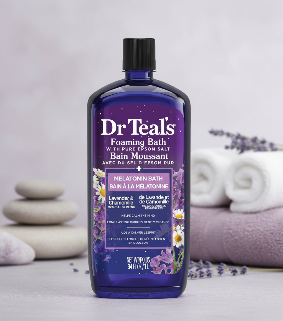 Dr Teal's Foaming Bath with Pure Epsom Salt, Melatonin Bath, Lavender & Chamomile Essential Oil Blend 710ML