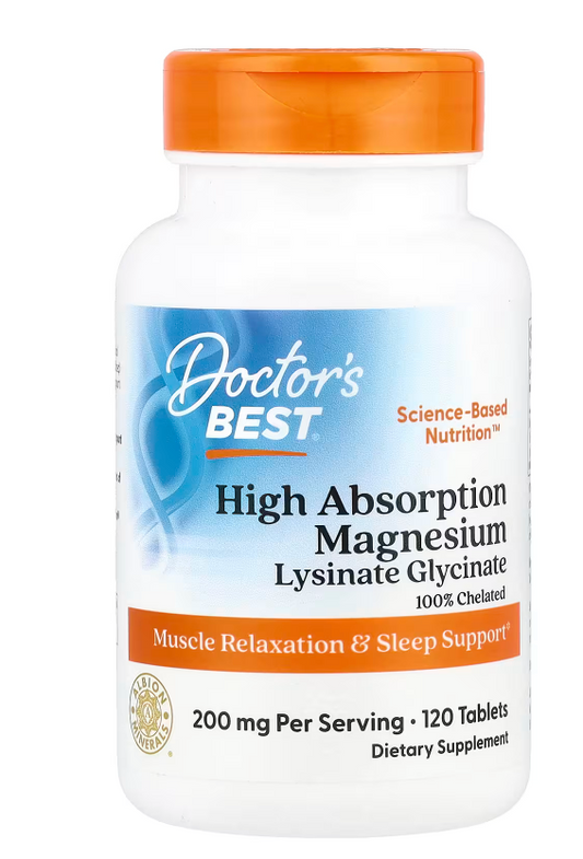 Doctor's Best, High Absorption Magnesium Lysinate Glycinate, Chelated, Albion® TRAACS®, 120 Tablets, (100 mg Per tablet)
