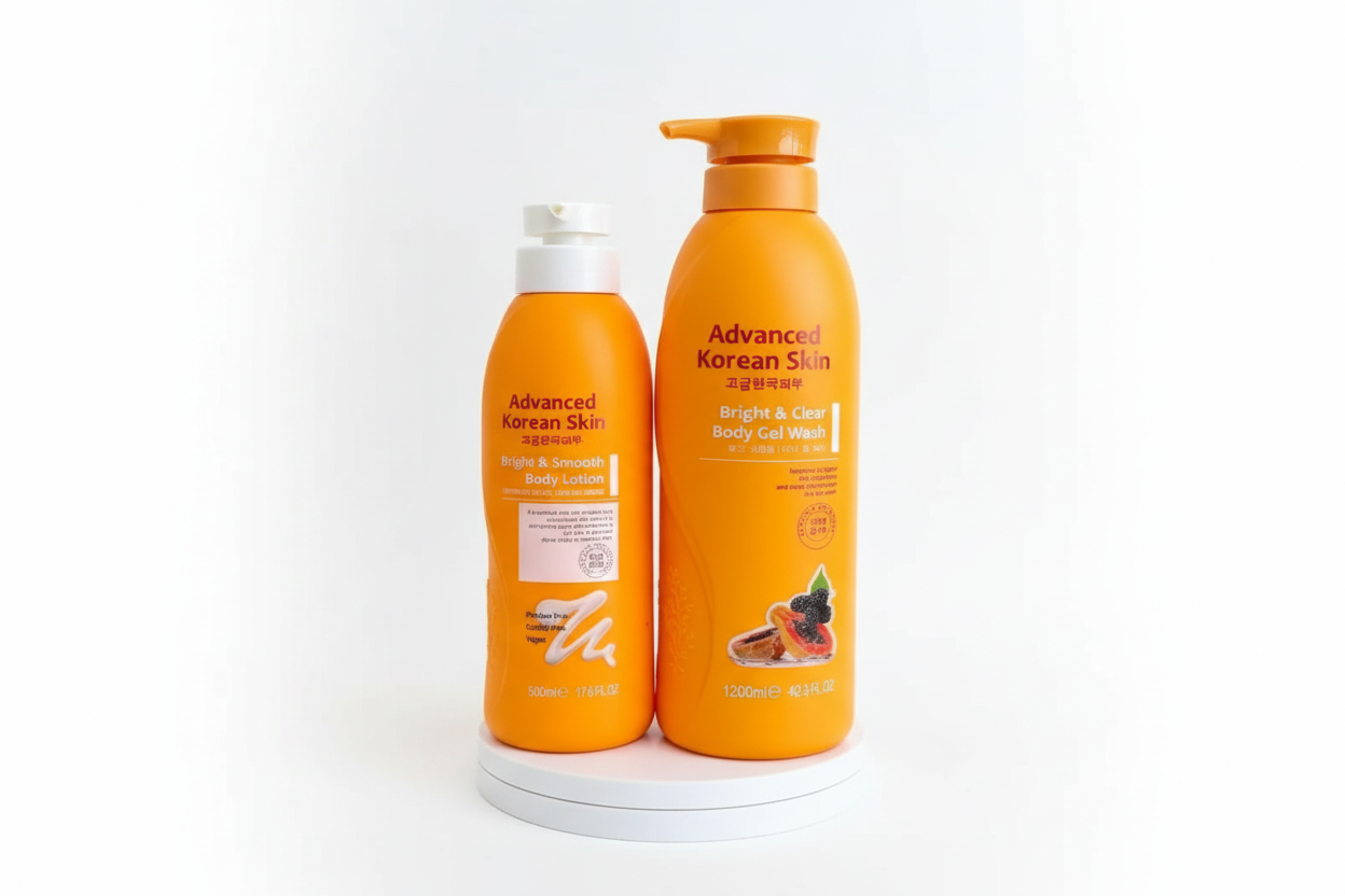 Advanced Korean Skin Bright & Clear Body Care Set, Body Gel Wash 1200ml and Smooth Body Lotion 500ml, Paraben Free, Vegan, Cruelty Free