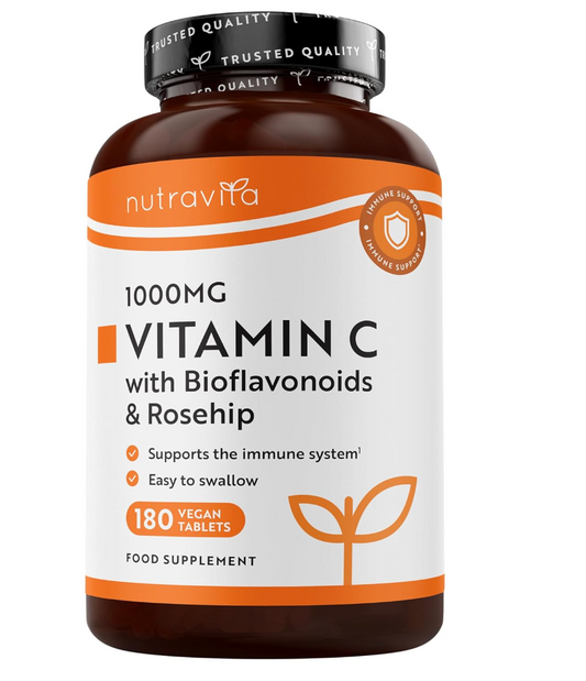 Nutravita Vitamin C 1000mg – 180 Premium Vegan & Vegetarian Tablets – 6 Month Supply – High Strength Ascorbic Acid – with Added Bioflavonoids & Rosehip – Normal Immune System – Made in The UK