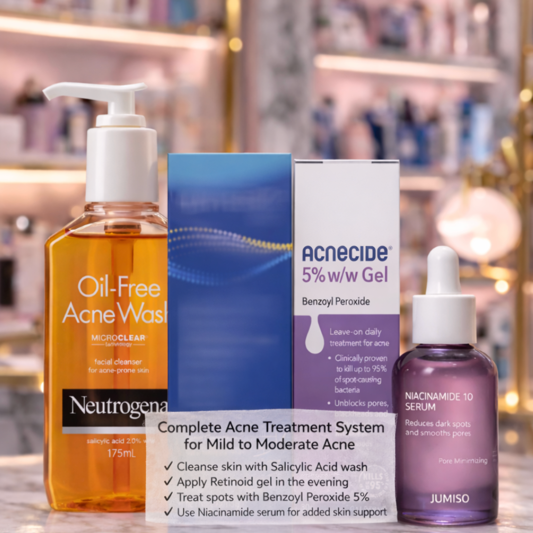 Complete Acne Treatment System – Salicylic Acid, Retinoid Gel, Benzoyl Peroxide & Niacinamide Serum (Mild to Moderate Acne)