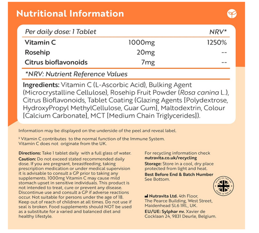 Nutravita Vitamin C 1000mg – 180 Premium Vegan & Vegetarian Tablets – 6 Month Supply – High Strength Ascorbic Acid – with Added Bioflavonoids & Rosehip – Normal Immune System – Made in The UK