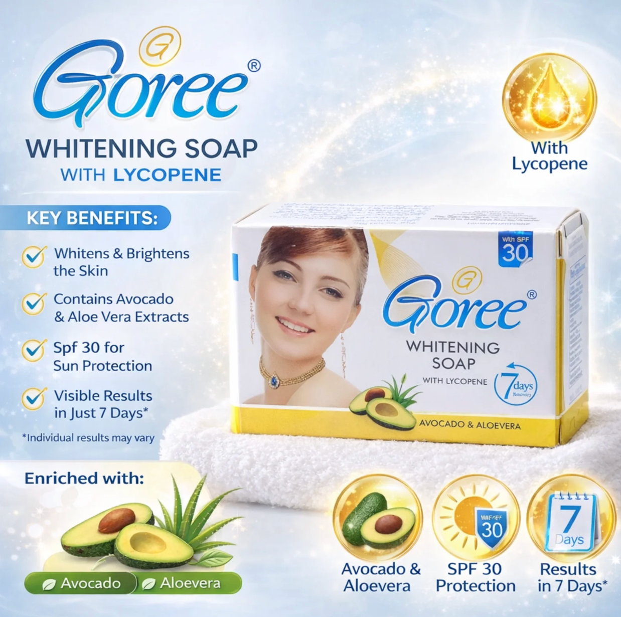 Goree Whitening Soap 100g with Lycopene, Avocado & Aloe Vera | Daily Cleansing Soap with SPF 30